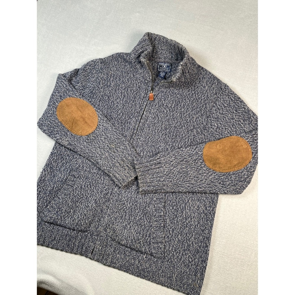 Lucky Brand‎ Full Zip Sweater Men Large Blue Heather Wool Blend  Elbow Patches